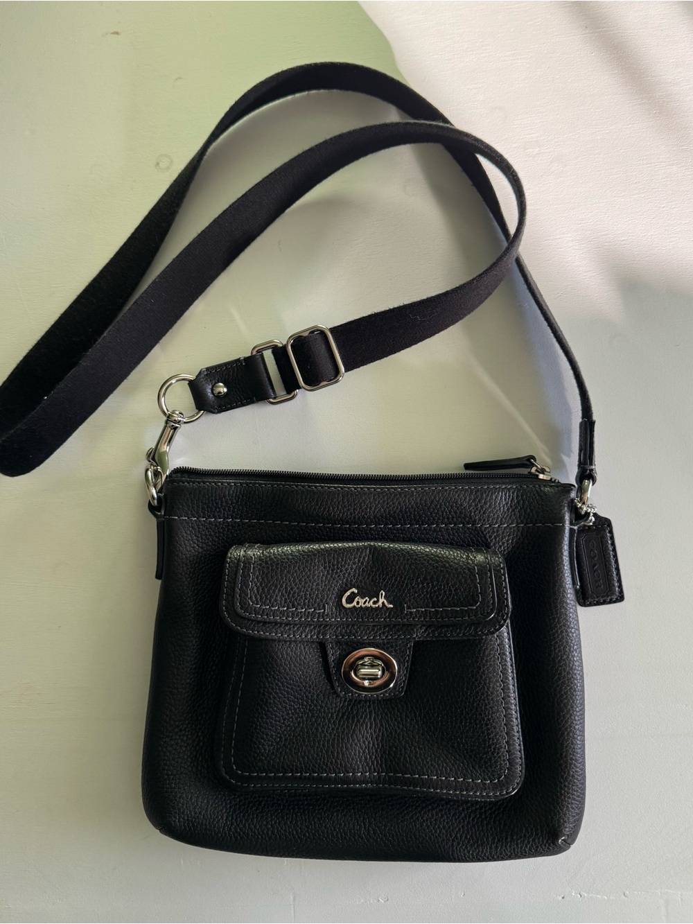 Coach Black Pebbled Leather Crossbody with Front Turn-Lock Pocket